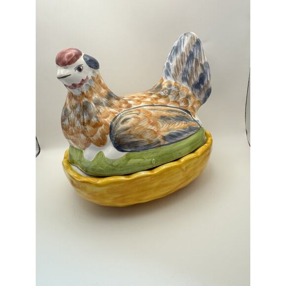 2 pc Chicken Canister Lid Colorful Ceramic Hen Candy Jar Trinket Made Portugal - Picture 3 of 10